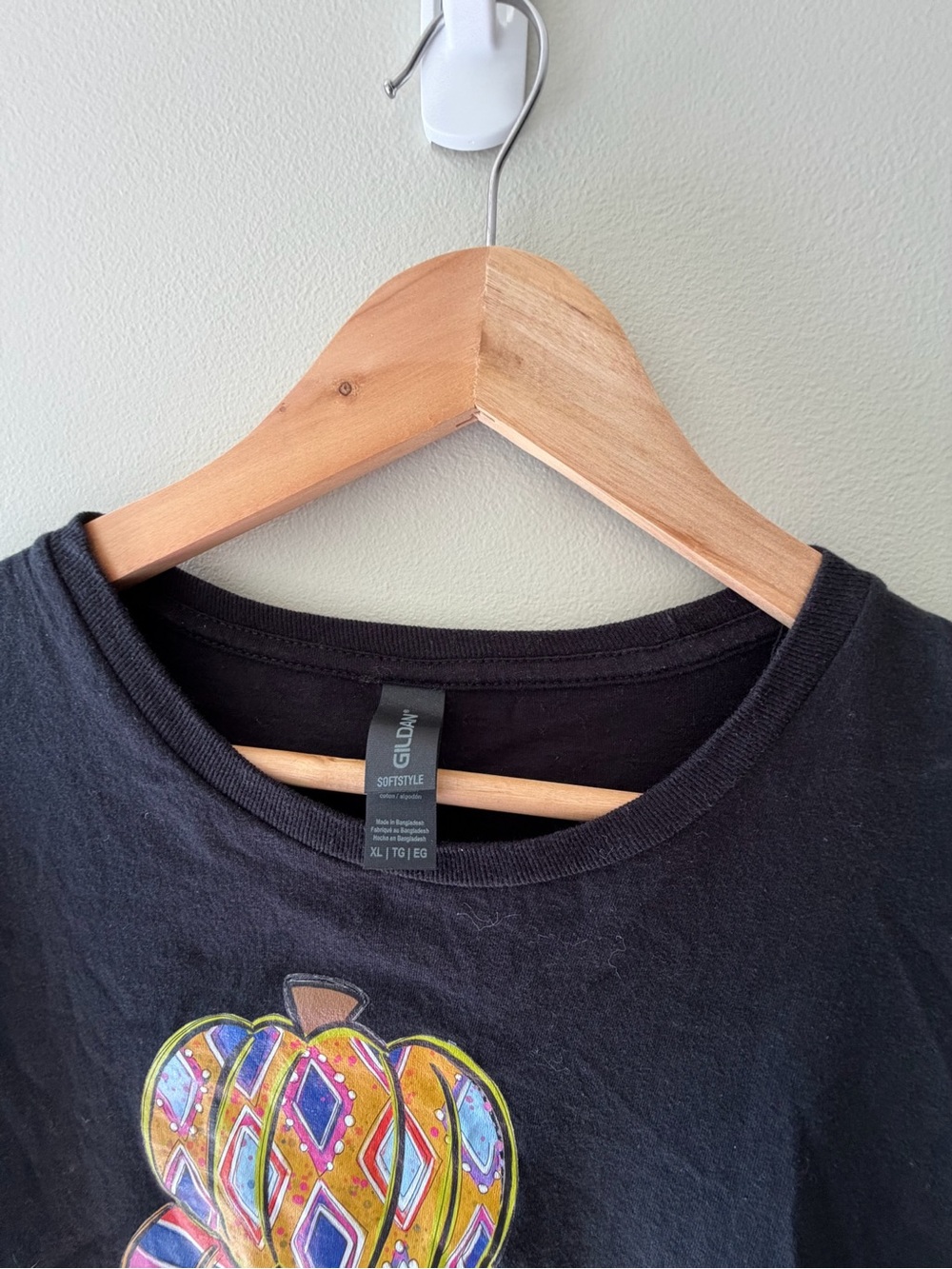 Gildan Black Short Sleeve Tee with Colorful Stacked Pumpkin Graphic - Picture 3 of 4
